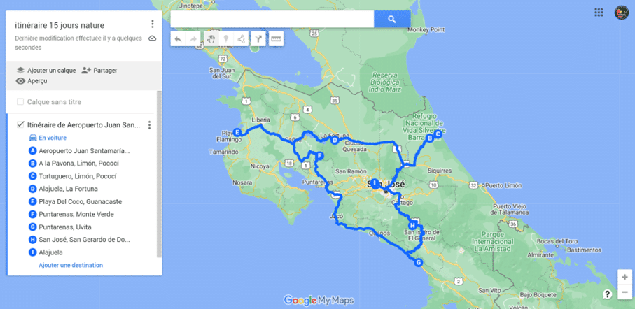 itinéraire de 15 jours au Costa Rica avec les étapes sur la carte du pays