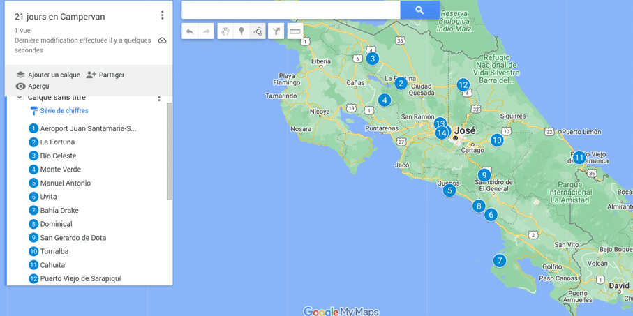 itinéraire de 21 jours au Costa Rica en campervan avec les étapes sur la carte du pays